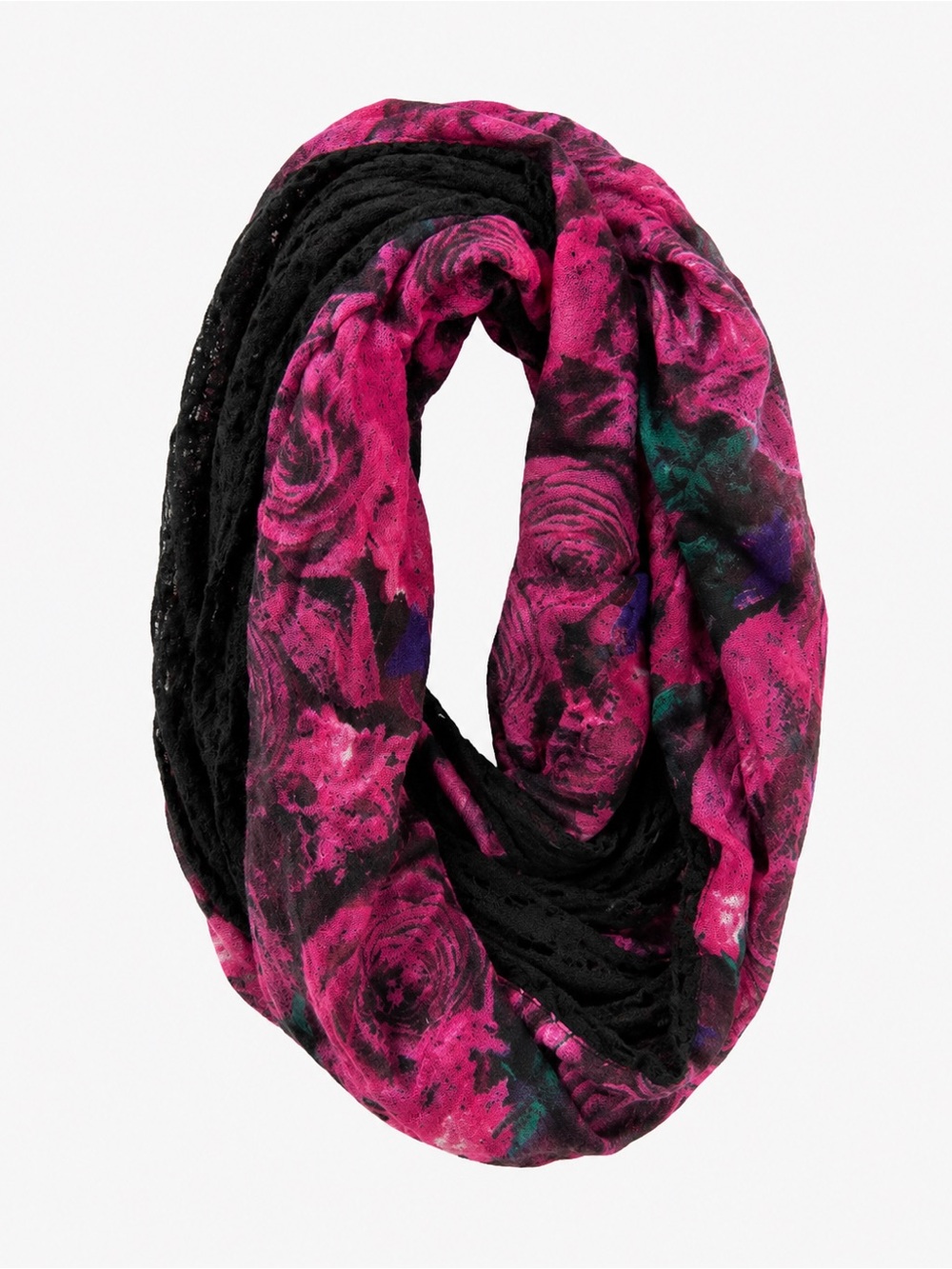 Apt. 9 Womens Pink Floral Rose Infinity Scarf Black Crochet Lace Trim New